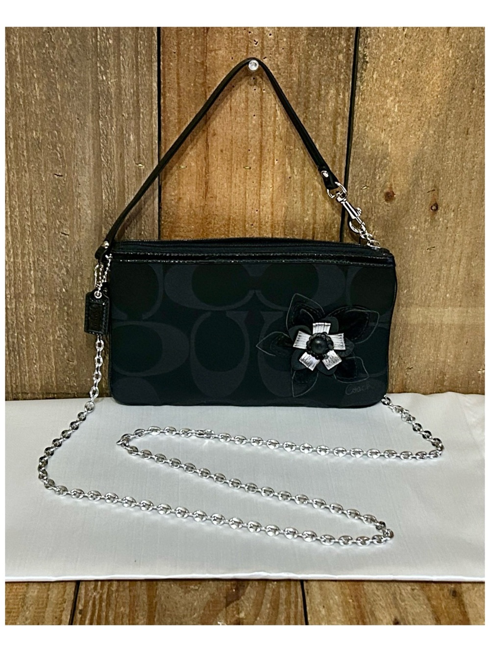 Coach Black Signature Floral Appliqué Wristlet Clutch - Picture 16 of 16